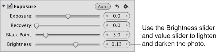 Figure. Brightness controls in the Exposure area of the Adjustments inspector.