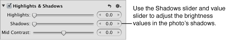 Figure. Shadows controls in the Highlights & Shadows area of the Adjustments inspector.