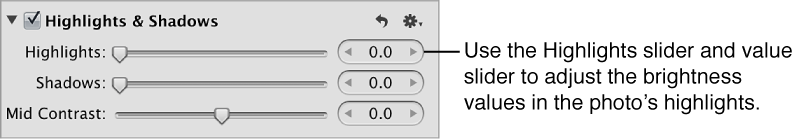 Figure. Highlights controls in the Highlights & Shadows area of the Adjustments inspector.
