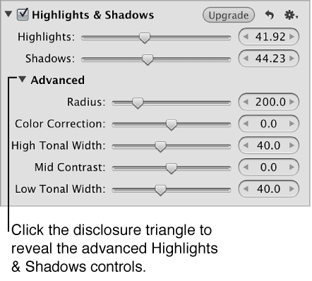 Figure. Advanced controls in the Highlights & Shadows area of the Adjustments inspector.