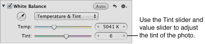 Figure. Tint controls in the White Balance area of the Adjustments inspector.