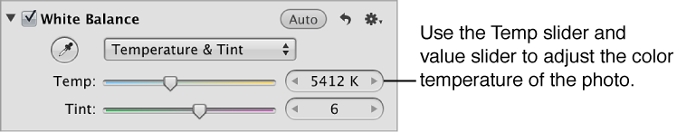 Figure. Temp controls in the White Balance area of the Adjustments inspector.