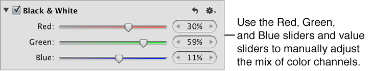 Figure. Controls in the Black & White area of the Adjustments inspector.