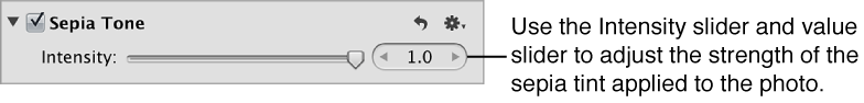 Figure. Controls in the Sepia Tone area of the Adjustments inspector.