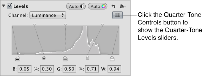 Figure. Quarter-Tone Levels controls in the Levels area of the Adjustments inspector.