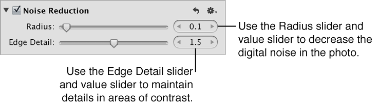 Figure. Controls in the Noise Reduction area of the Adjustments inspector.