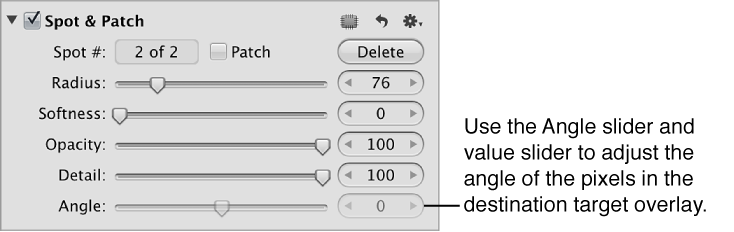 Figure. Angle controls in the Spot & Patch area of the Adjustments inspector.