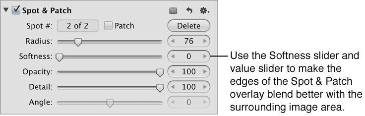 Figure. Softness controls in the Spot & Patch area of the Adjustments inspector.