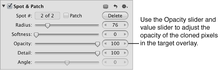 Figure. Opacity controls in the Spot & Patch area of the Adjustments inspector.