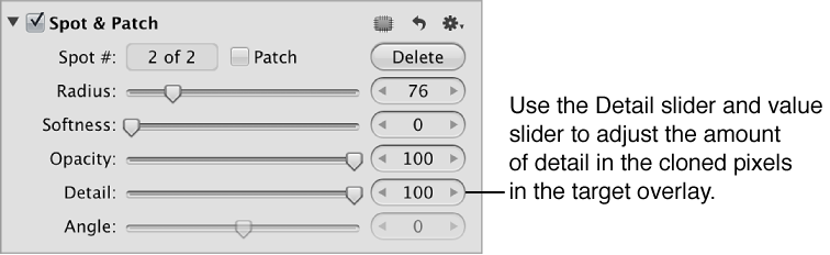 Figure. Detail controls in the Spot & Patch area of the Adjustments inspector.