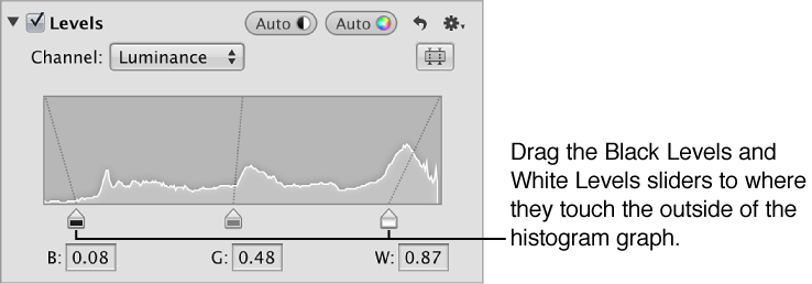 Figure. Black Levels and White Levels sliders placed at the edges of the luminance histogram graph in the Levels area of the Adjustments inspector.