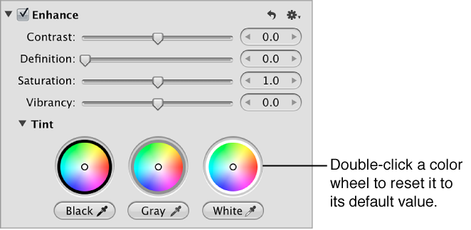 Figure. Tint color wheels and eyedropper tools in the Enhance area of the Adjustments inspector.