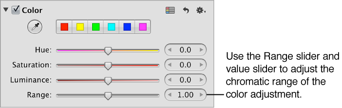 Figure. Range controls in the Color area of the Adjustments inspector.