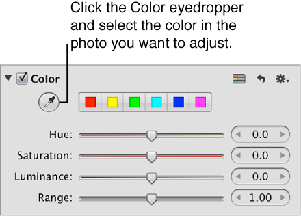 Figure. Color eyedropper tool in the Color area of the Adjustments inspector.