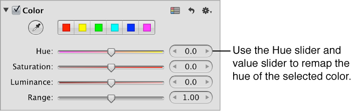 Figure. Hue controls in the Color area of the Adjustments inspector.