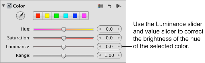 Figure. Luminance controls in the Color area of the Adjustments inspector.