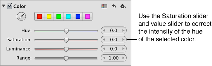 Figure. Saturation controls in the Color area of the Adjustments inspector.