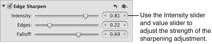 Figure. Intensity controls in the Edge Sharpen area of the Adjustments inspector.