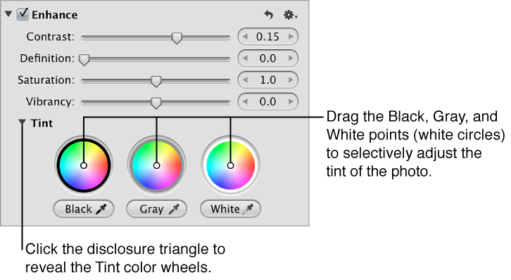 Figure. Tint color wheels and eyedropper tools in the Enhance area of the Adjustments inspector.