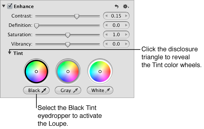 Figure. Black Tint color wheel and eyedropper tool in the Enhance area of the Adjustments inspector.