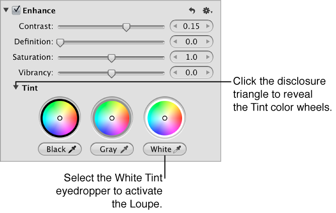 Figure. White Tint color wheel and eyedropper tool in the Enhance area of the Adjustments inspector.