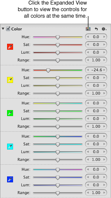 Figure. Expanded view of the controls in the Color area of the Adjustments inspector.