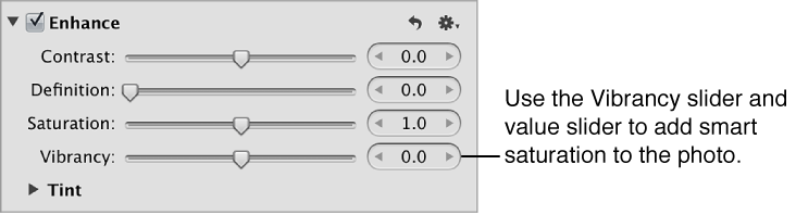 Figure. Vibrancy controls in the Enhance area of the Adjustments inspector.