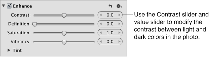 Figure. Contrast controls in the Enhance area of the Adjustments inspector.