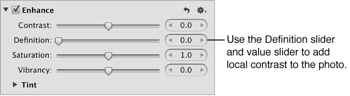 Figure. Definition controls in the Enhance area of the Adjustments inspector.
