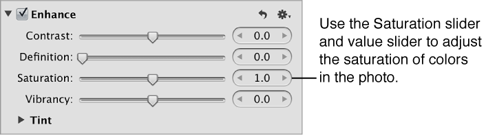 Figure. Saturation controls in the Enhance area of the Adjustments inspector.