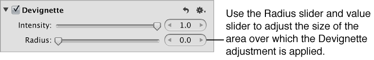 Figure. Radius controls in the Devignette area of the Adjustments inspector.