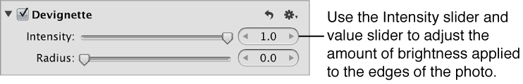 Figure. Intensity controls in the Devignette area of the Adjustments inspector.