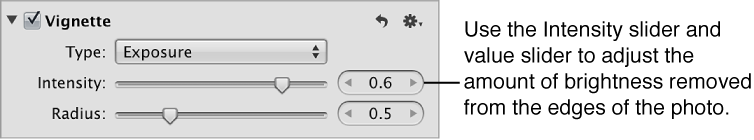 Figure. Intensity controls in the Vignette area of the Adjustments inspector.