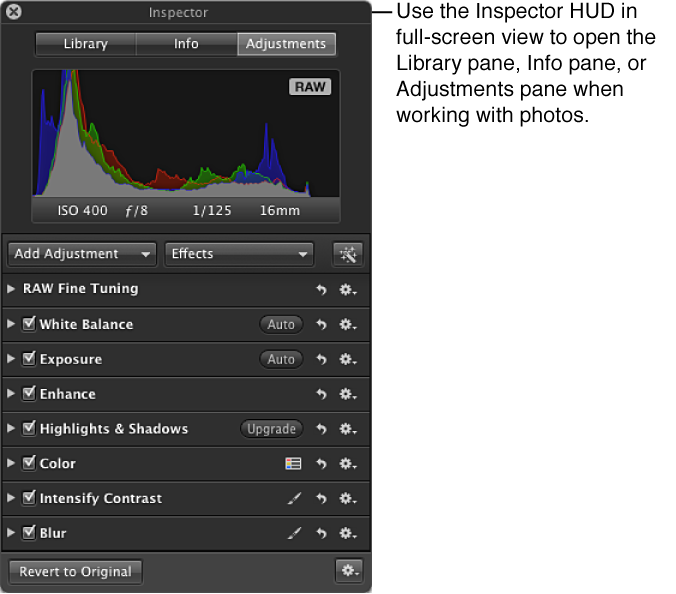Figure. Inspector HUD showing the Adjustments pane.