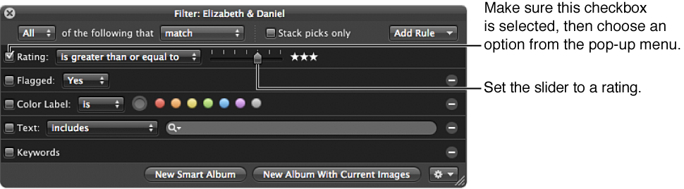 Figure. Filter HUD showing the Rating checkbox, pop-up menu, and slider.