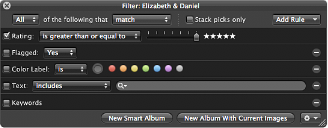 Figure. Filter HUD showing Rating search criteria set to display images rated five stars.