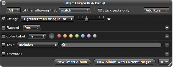 Figure. Filter HUD showing Rating search criteria set to display images rated one star or better.
