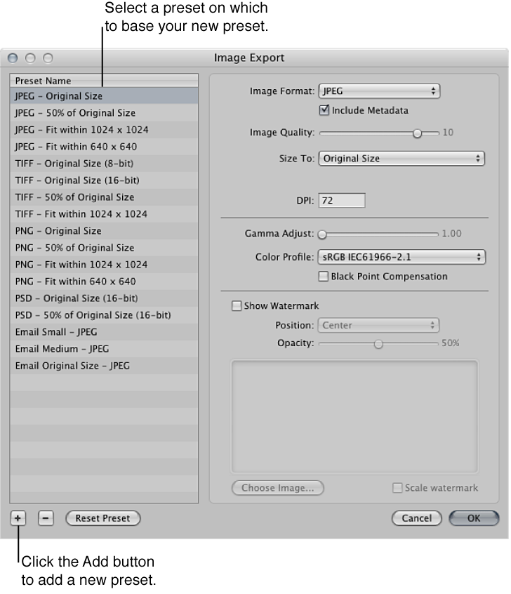 Figure. Controls in the Image Export dialog.