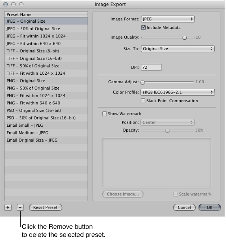 Figure. Controls in the Image Export dialog.