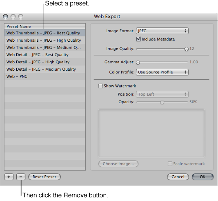 Figure. Controls in the Web Export dialog.