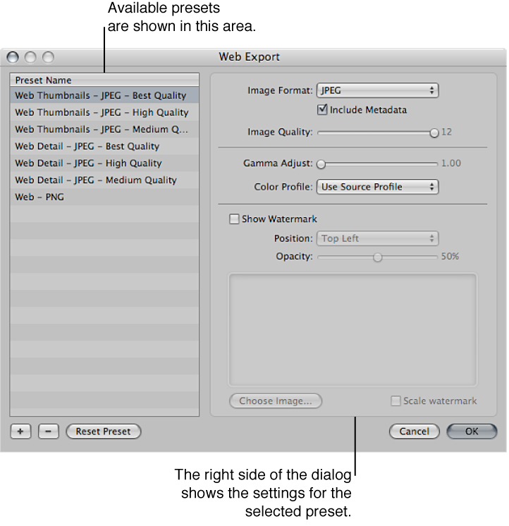 Web Export dialog