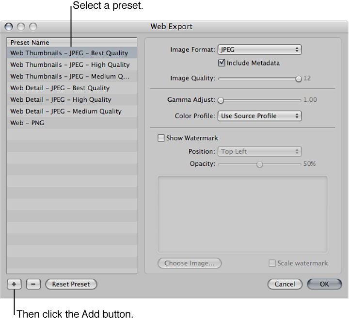 Figure. Controls in the Web Export dialog.