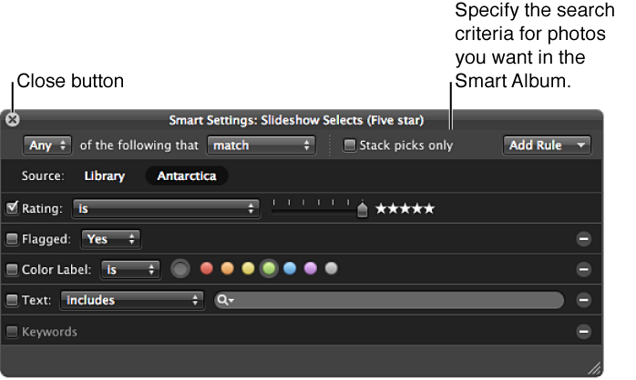 Figure. Smart Album Smart Settings HUD.