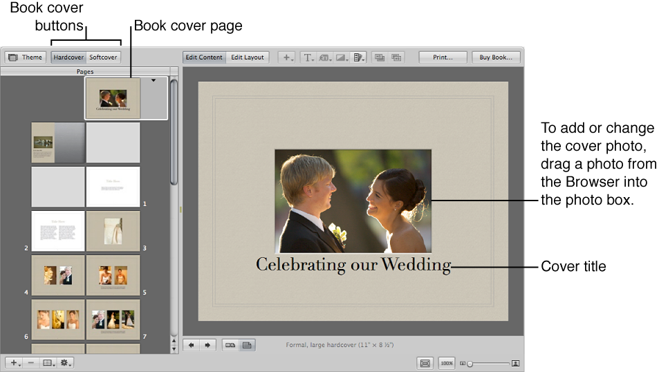 Figure. Book Layout Editor showing a book cover page selected in the Pages pane and an enlarged view of the page appearing on the right.