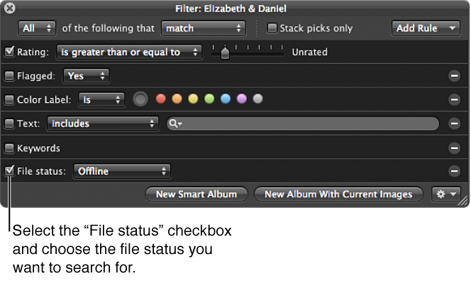 Figure. Filter HUD showing the File status search options.