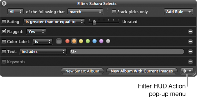 Figure. Browser Filter HUD showing the Filter HUD Action pop-up menu.