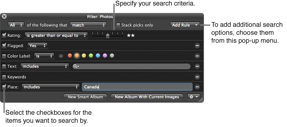Figure. Browser Filter HUD configured for a search using a combination of search criteria.