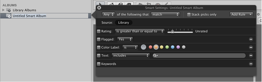 Figure. Smart Settings HUD opened next to the Library inspector.
