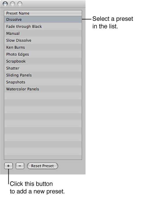 Figure. A selected slideshow preset and the Add button in the Preset Name list area of the Slideshow dialog.
