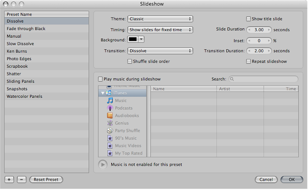 Figure. Controls in the Slideshow dialog.